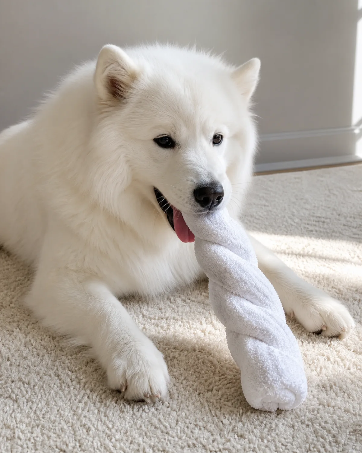 a pure-white fluffy double-coated medium dog with dark eyes and pink tongue slightly out lying on a cream rug chewing a frozen twisted hand towel sunny patch of light from window to right pale wall behind dog focused and content jaw working on the towel