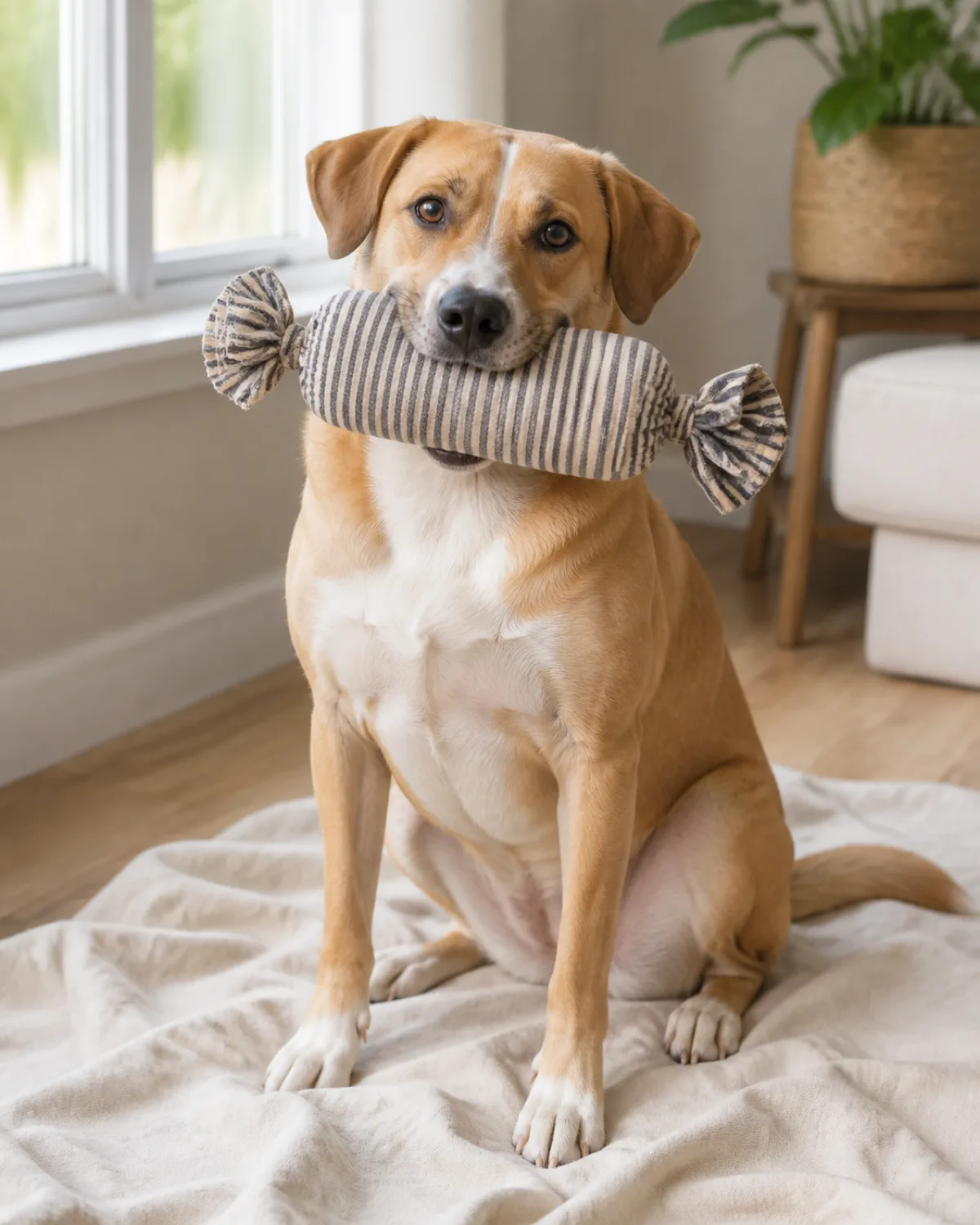 a tan-and-white smooth-coated sturdy dog with floppy ears biting a fabric-wrapped water bottle toy held in its mouth sitting on a cream linen blanket warm daylight from a window to the left pale wood floor visible beneath dog looking pleased tail relaxed