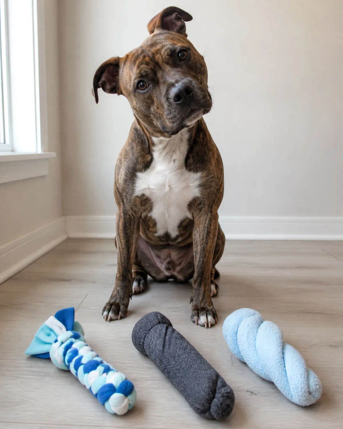 a brindle-coated muscular medium dog with rose ears sitting beside three different DIY toys a braided fleece rope a sock crinkle toy and a frozen twisted towel laid out on pale wood floor dog has a curious head tilt to the left soft natural light from window neutral cream wall background