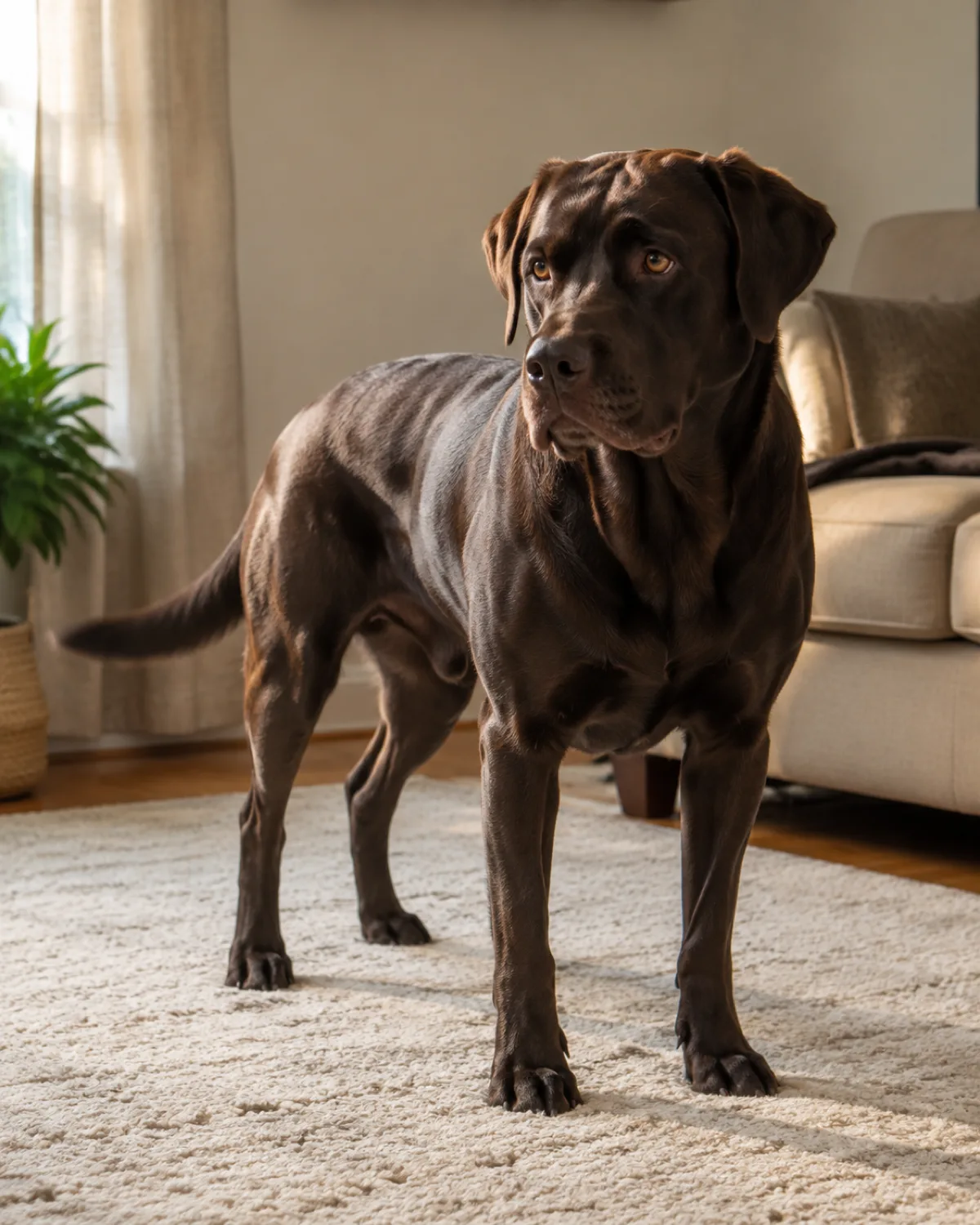 a large solid chocolate-brown short-coated dog with floppy ears standing on a cream rug in a living room doing a low cautious tail wag warm sidelight from window pale wall dog looking slightly to the side with a tense soft mouth