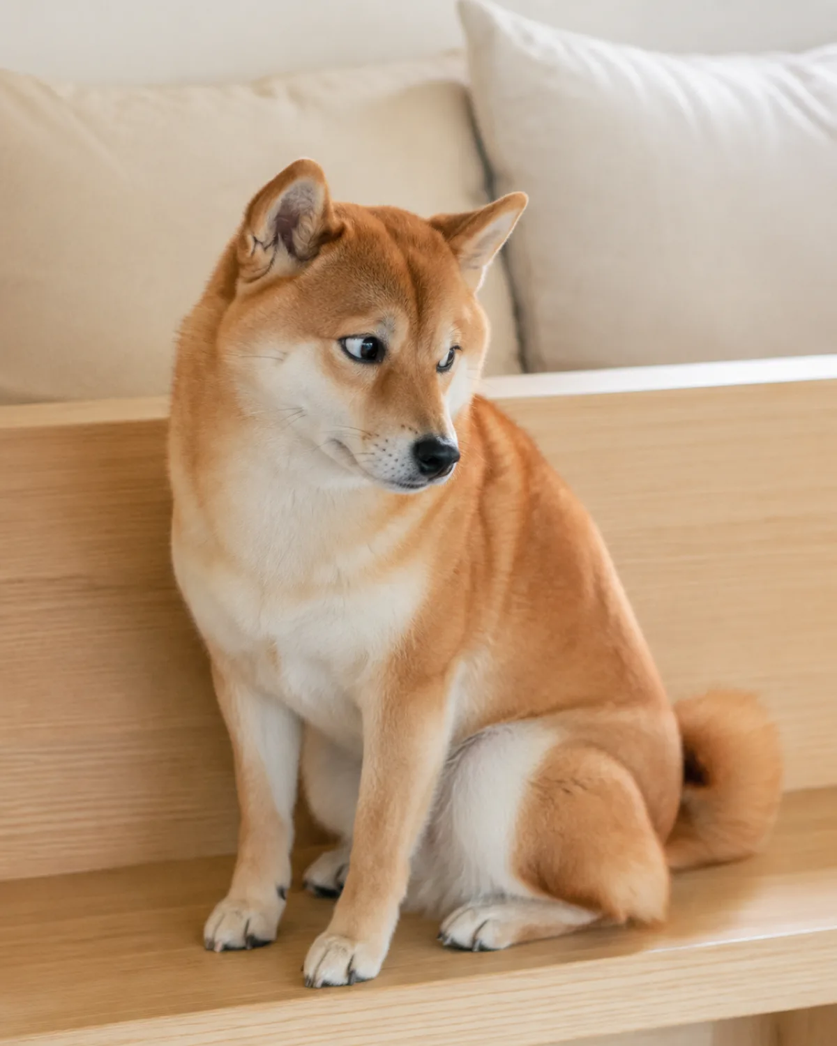 a small compact dog with a thick orange-red double coat and white underside erect ears and a curled tail turning head away showing whites of eyes while sitting on a pale wood bench indoors soft diffused light cream cushion background subtle tension in posture
