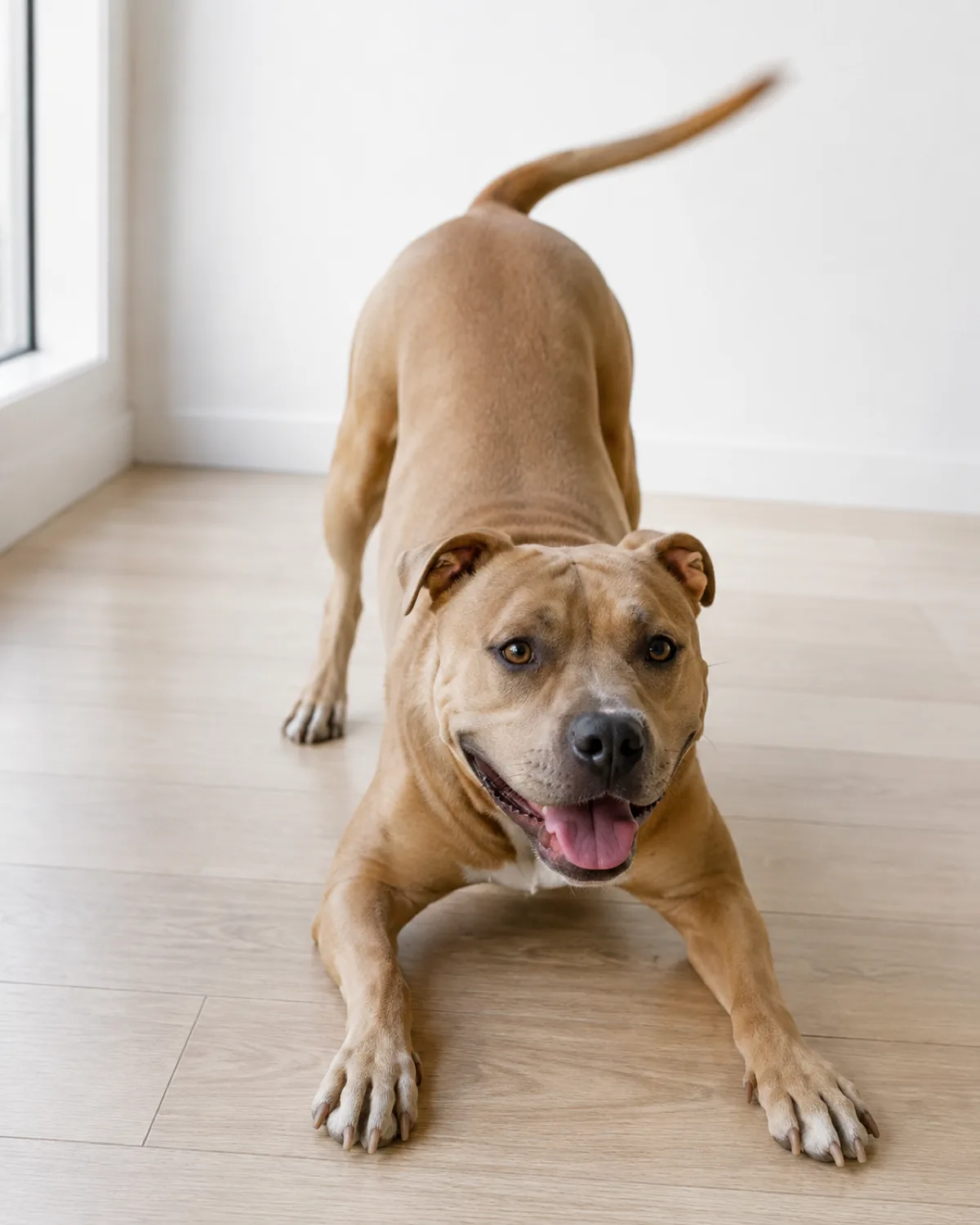 a medium muscular dog with a broad blocky head wide-set eyes a short smooth fawn coat and a strong jaw in play bow position on pale wood floor front legs stretched forward chest low rear up bright natural light from window white wall joyful open mouth