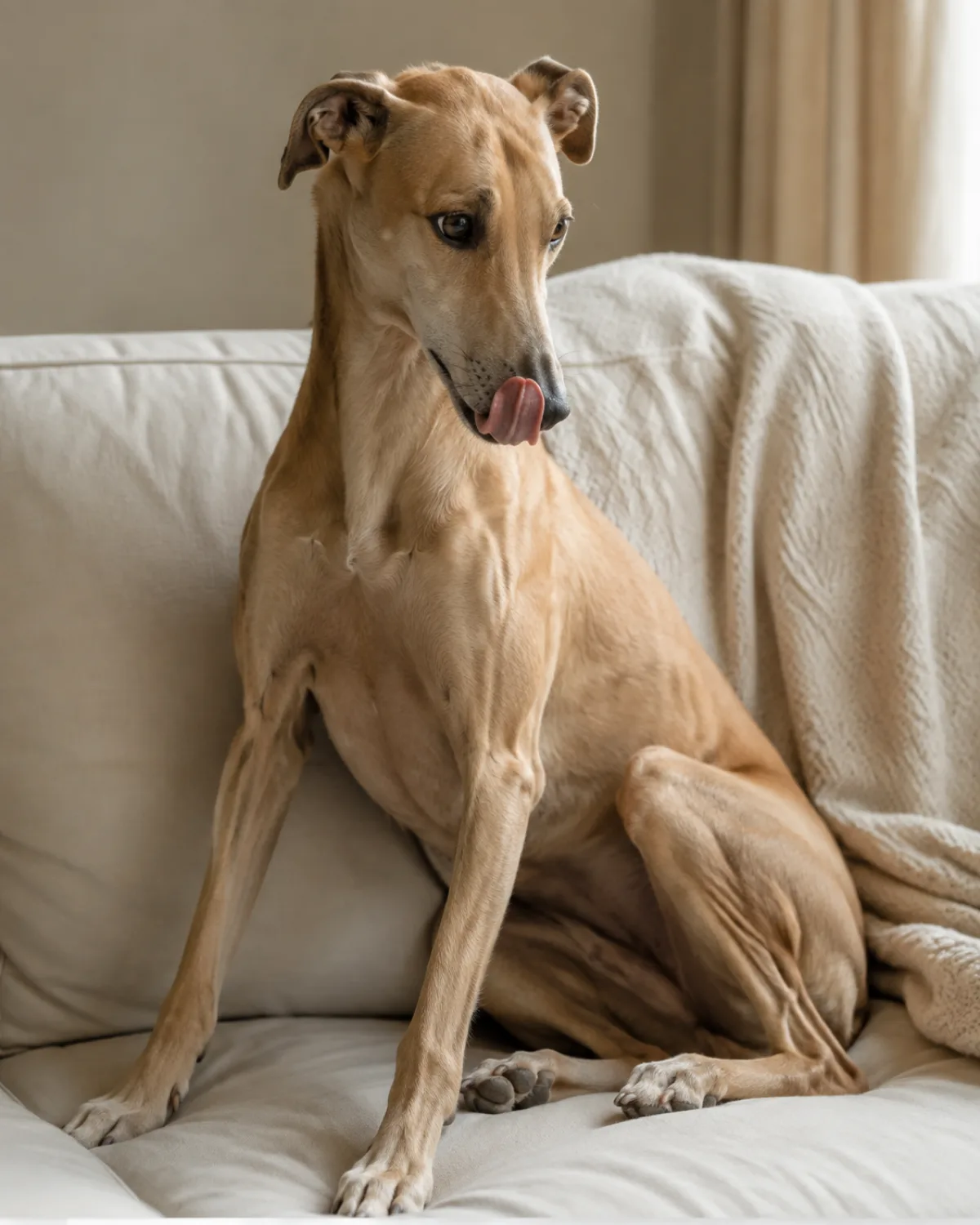 a large lean deep-chested dog with a tucked waist very long slim legs a short fawn coat and rose-folded semi-erect ears sitting on a cream sofa cushion licking lips no food visible soft warm light pale throw blanket dog looking away from camera with a slightly worried expression