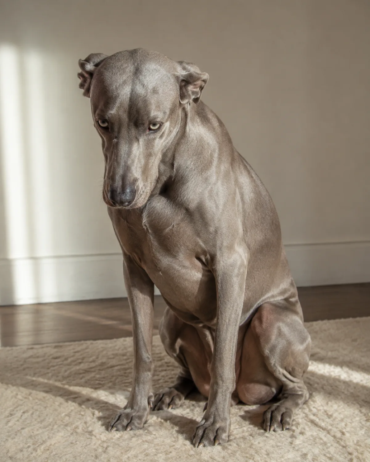 a large sleek dog with a solid silver-grey short coat floppy ears pale eyes and an athletic build with ears pinned flat back against head sitting on a cream wool rug indoors warm sidelight from left pale wall dog looking slightly down with a tense expression