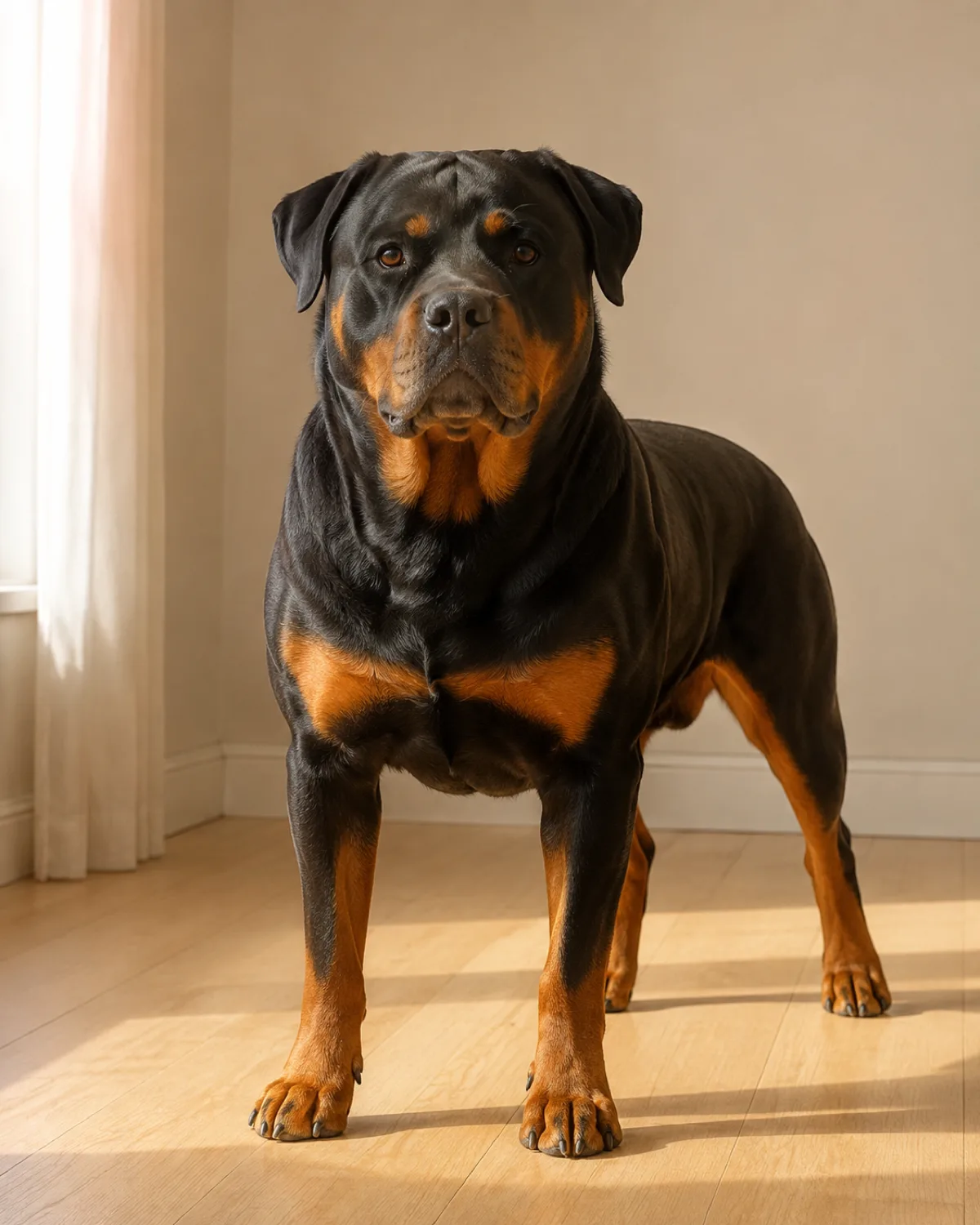 a large powerful black-and-tan short-coated dog with a broad blocky head and floppy ears frozen completely still on a pale wood floor indoors warm diffused light from window cream wall dog staring forward with rigid body and closed mouth