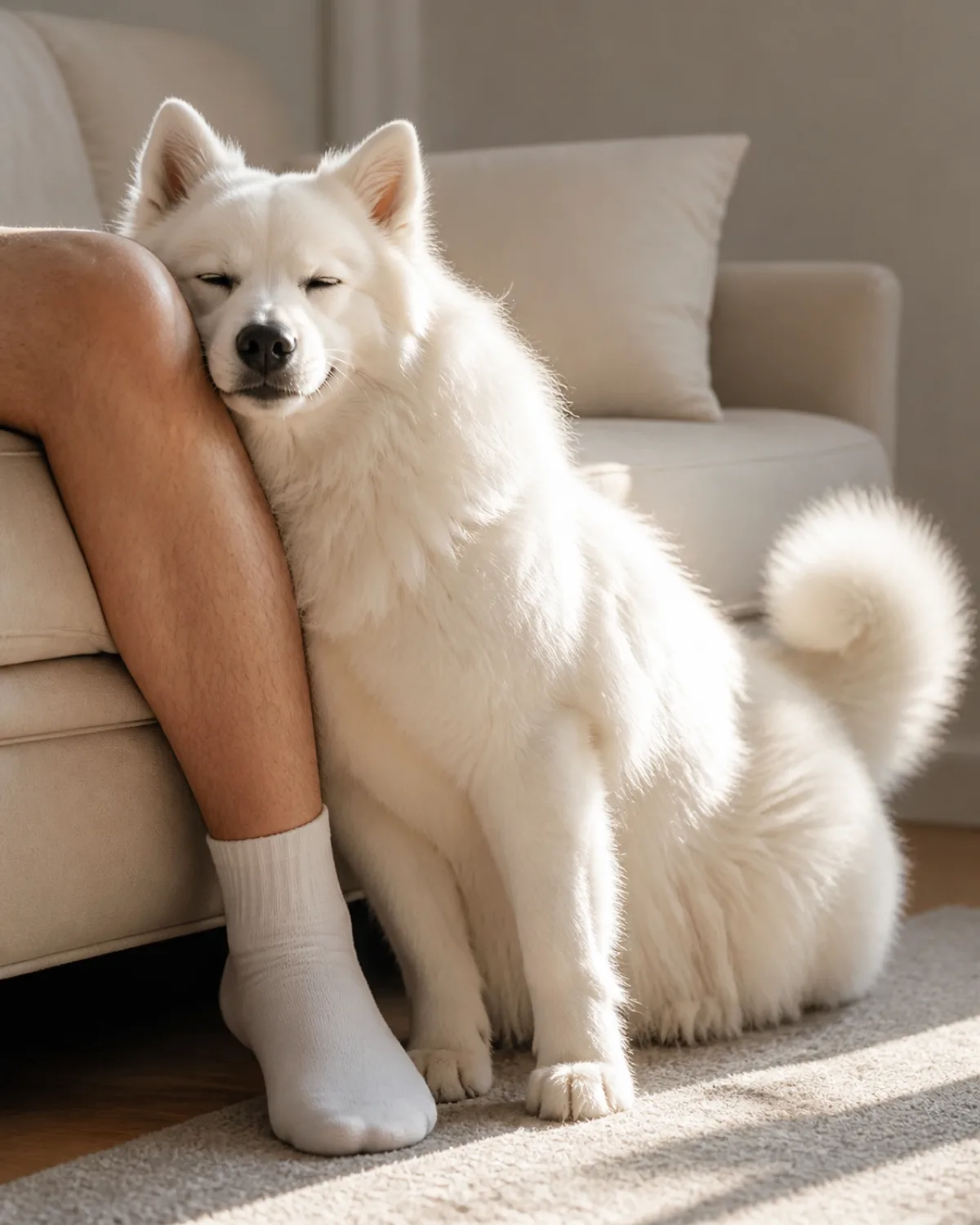 a large dog with a thick stand-off pure-white double coat erect ears an upturned smiling mouth and a curled tail leaning body weight into seated owners leg on a cream sofa warm sidelight from window pale throw pillow dog pressing shoulder and head against human calf with eyes half closed