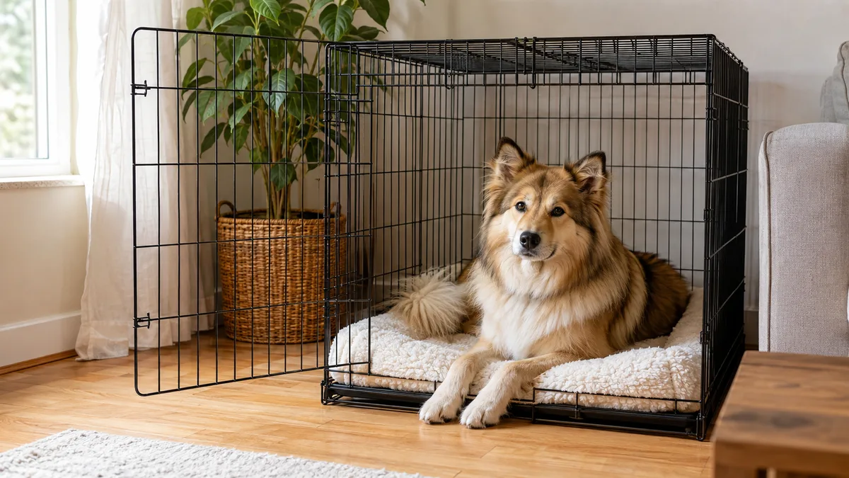 a medium sable-and-cream double-coated dog with a thick ruff semi-erect ears and a bushy curled tail lying relaxed inside a wire crate with a plush cream blanket crate door open warm natural light from window to left pale wood floor cozy living room