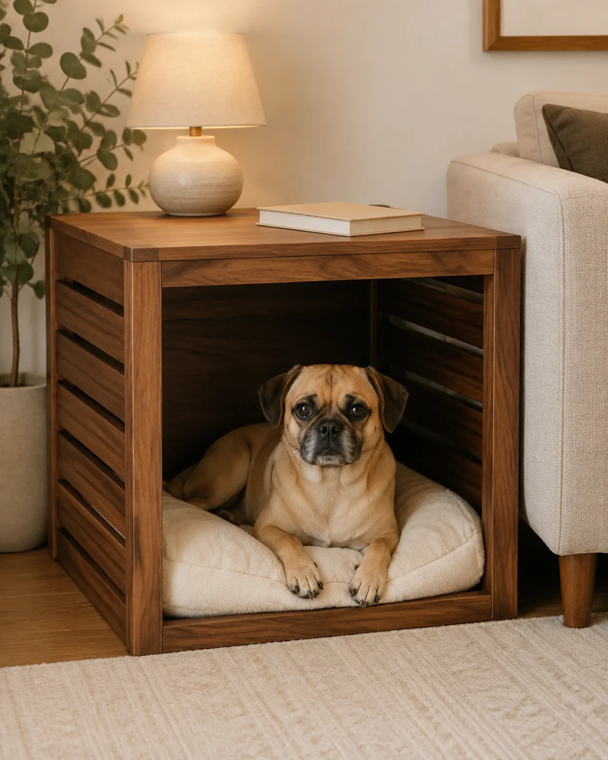 a small compact dog with a smooth fawn coat dark muzzle and round dark eyes resting inside a walnut-toned furniture crate doubling as an end table a small lamp and book on top pale rug below warm living room light