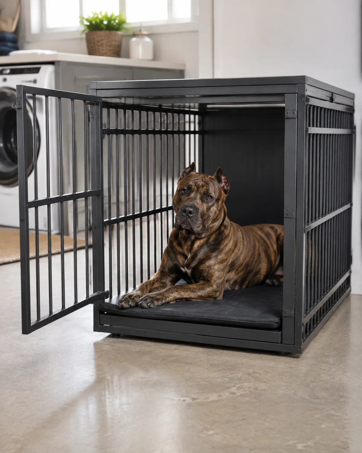 a large muscular brindle-coated dog with a broad jaw semi-erect ears and an athletic frame lying calmly inside a heavy-duty powder-coated steel crate thick rubber mat on floor pale concrete floor around crate bright natural overhead light clean utility room