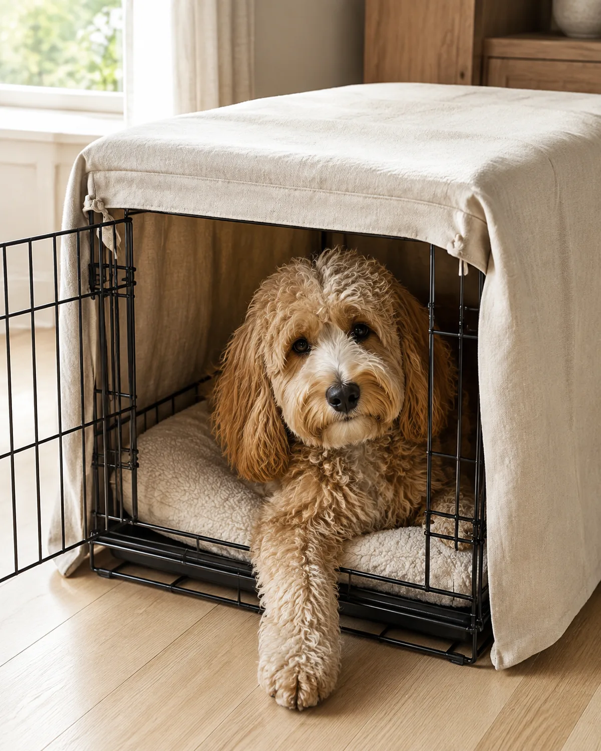 a medium fluffy apricot-gold shaggy-coated dog with floppy ears and a round face peeking out from under a DIY crate cover made of cream linen draped over a wire crate warm window light pale wood floor one paw sticking out the open door