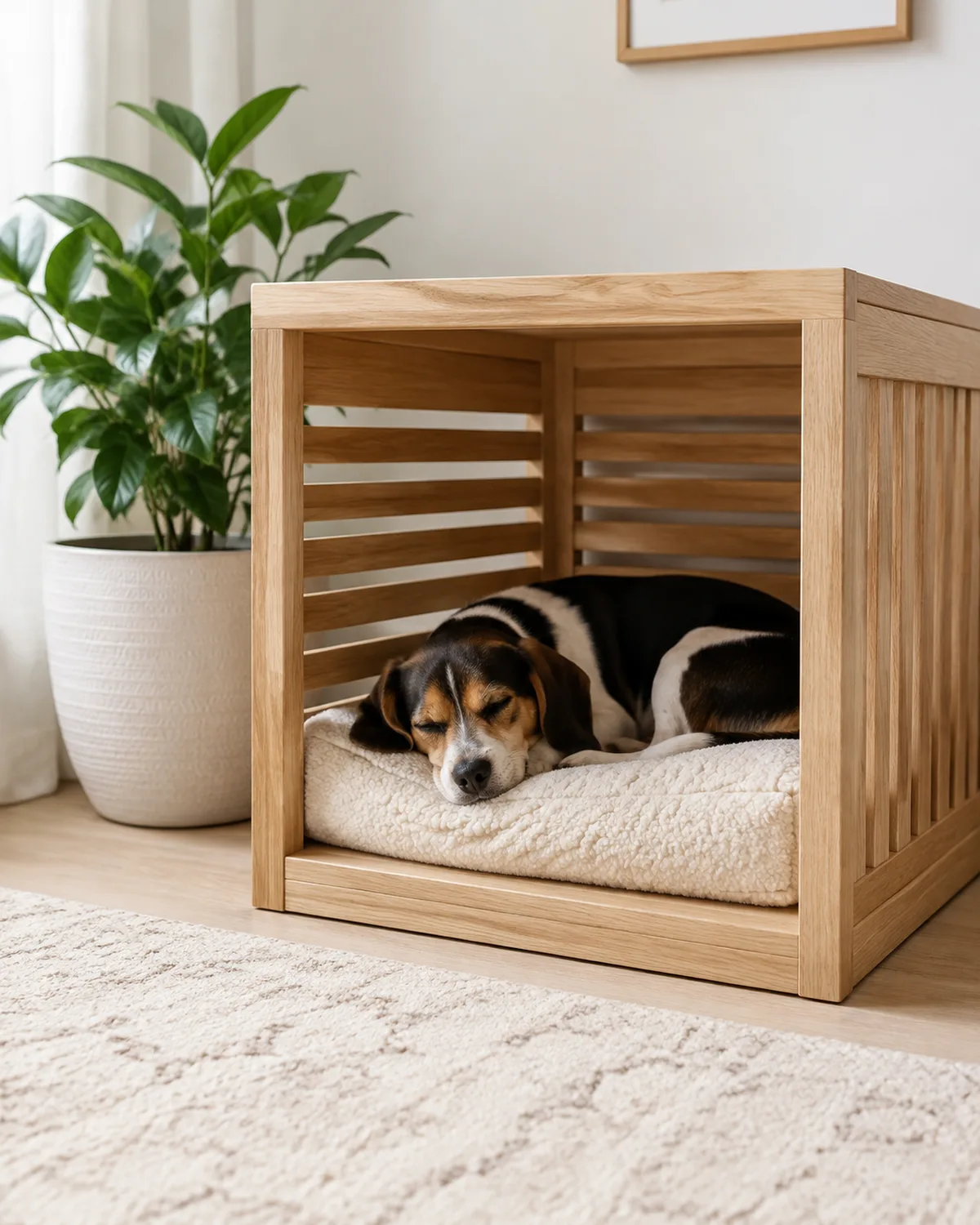 a small tricolor black white and tan short-coated dog with long floppy ears napping inside an elegant light-oak wooden crate with slatted sides crate positioned in a bright living room corner pale rug beneath potted plant beside it