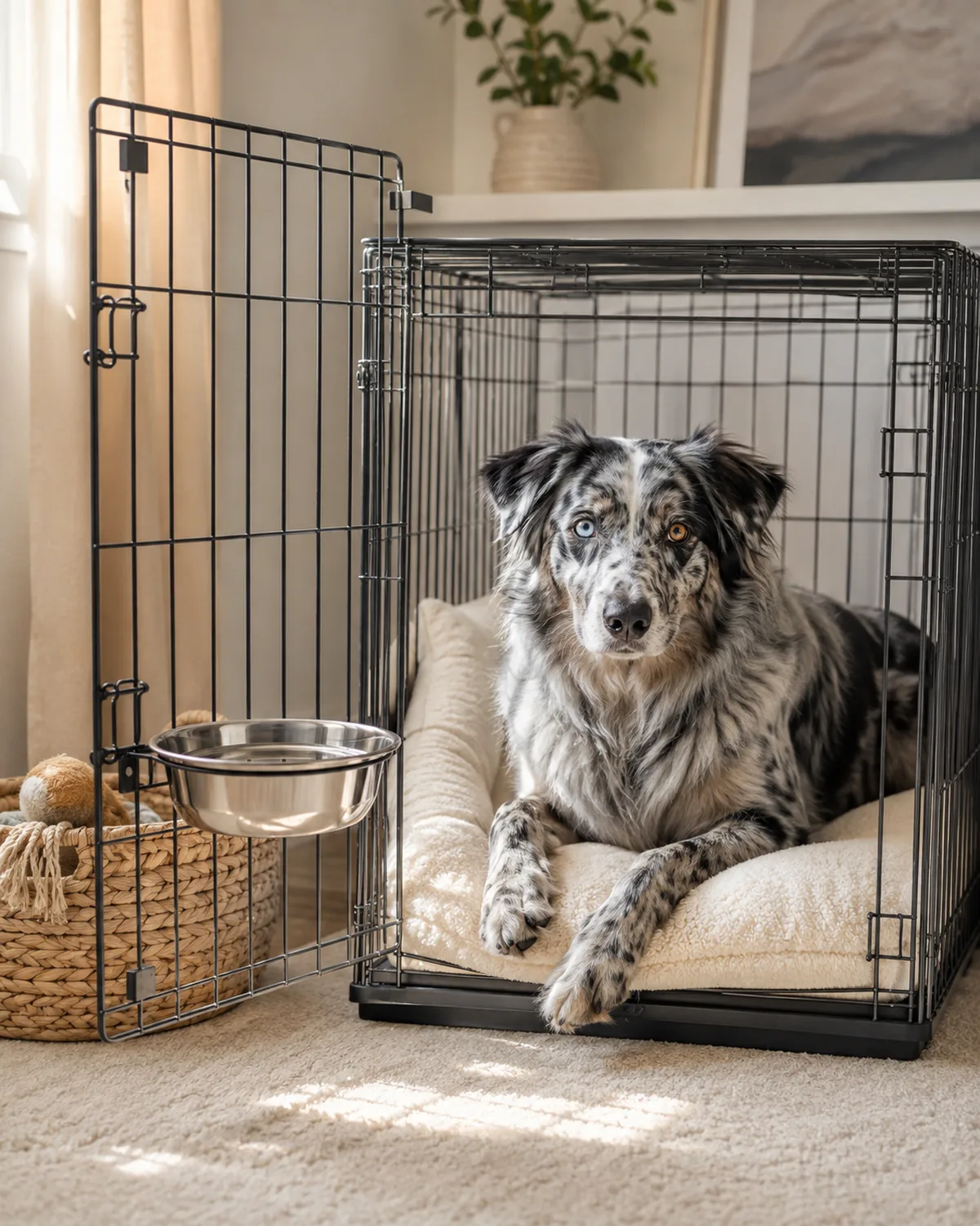 a large blue-merle speckled-coated dog with one blue eye one brown eye medium fur lying inside a wire crate station with a stainless water bowl clipped to the door and a small woven toy basket beside the crate cream rug warm sidelight pale living room