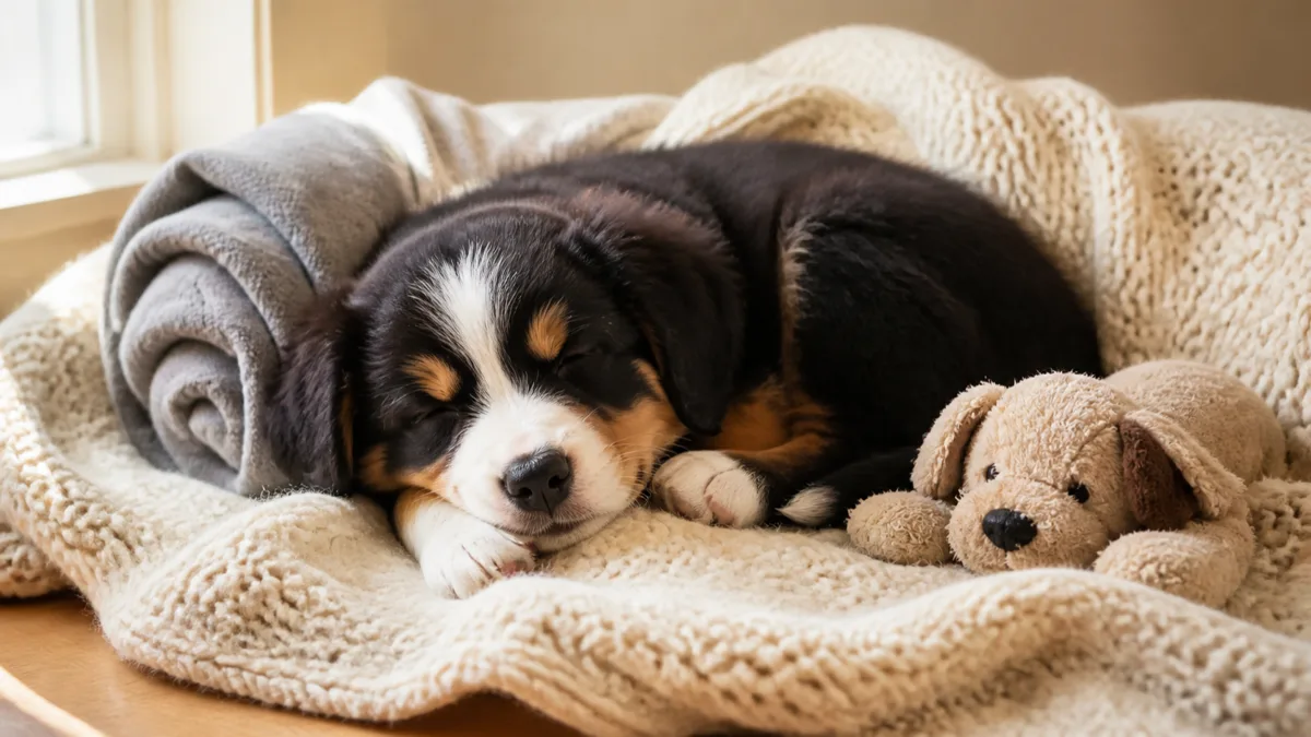 a small fluffy tricolor puppy with black white and copper patches floppy ears and a rounded face curled up sleeping on a cream knit blanket with chin resting on front paw a small plush toy and grey blanket nearby warm natural light from window on left pale wood floor visible