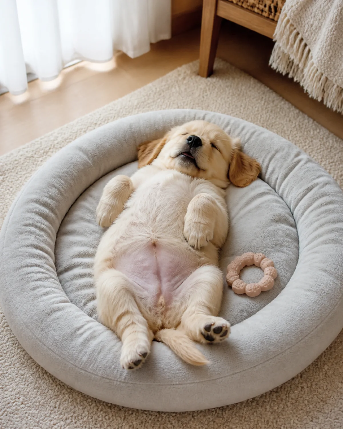 a tiny golden-cream puppy with soft floppy ears round dark eyes and oversized paws sleeping belly up on a grey round dog pad with pink belly exposed mouth slightly open and a small rubber chew ring toy nearby soft afternoon window light