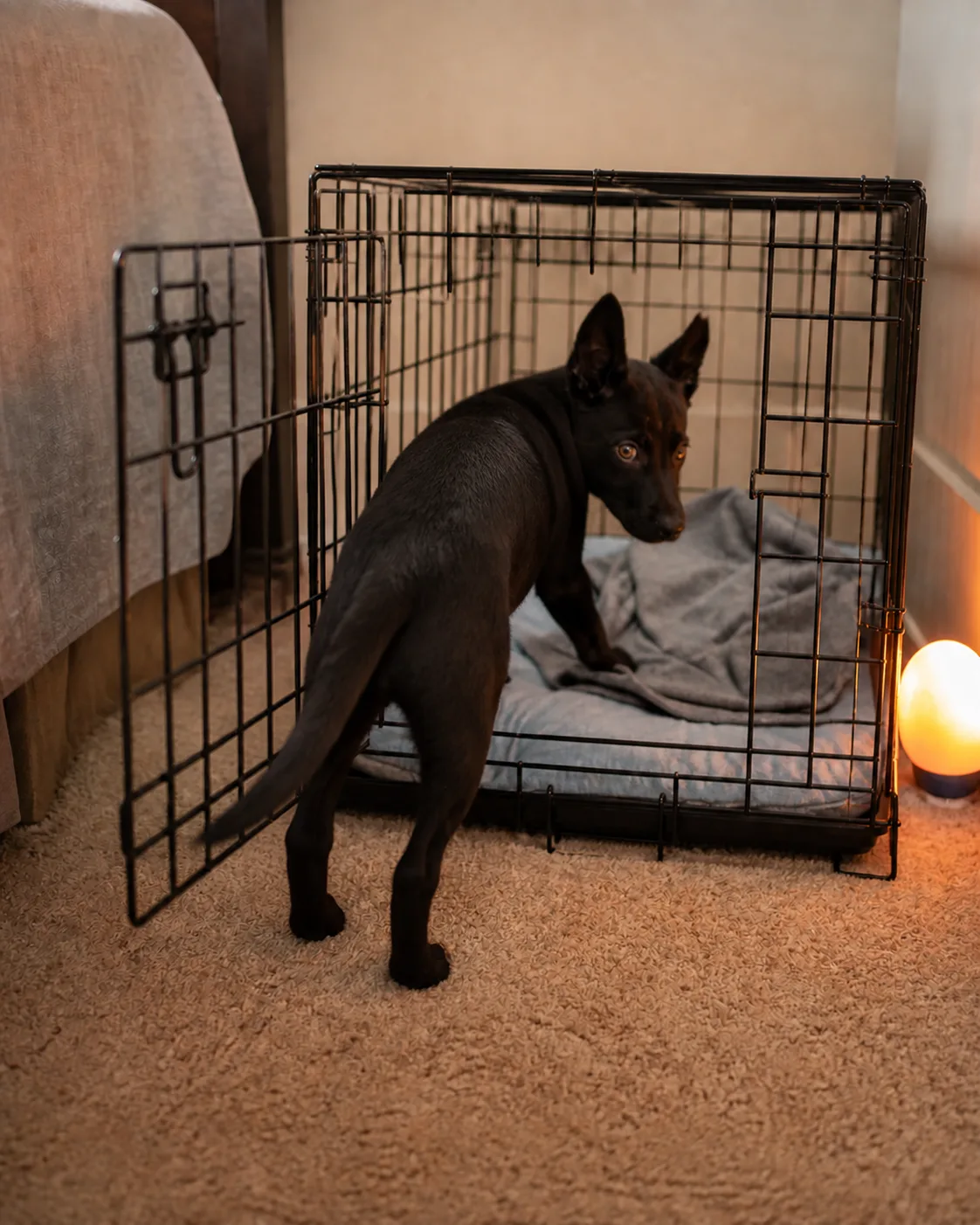 a tiny black puppy with shiny short coat alert upright ears and amber eyes stepping into an open wire crate in a bedroom corner one front paw on a light blue cushion inside an old grey t-shirt tucked in corner a warm orange nightlight glowing beside the crate