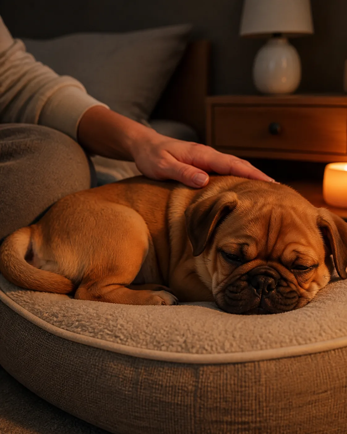 a small red-fawn pug puppy with smooth coat wrinkled forehead and curled tail lying on a cushion with a persons hand gently stroking its back eyes half closed settling down for sleep a dimmed bedside lamp in background warm nightlight glow