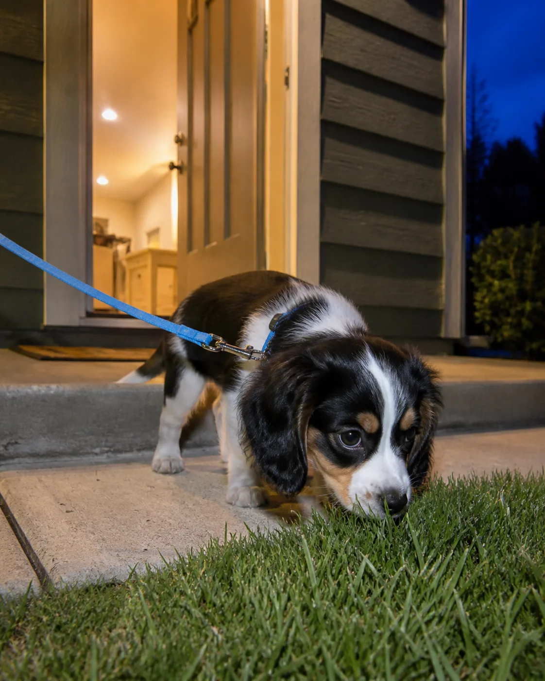 a tiny tricolor beagle puppy with long floppy ears and big brown eyes on a porch step at night wearing a light blue leash sniffing the grass edge for last potty break dark blue night sky behind warm porch light and indoor glow from doorway puppy looking drowsy