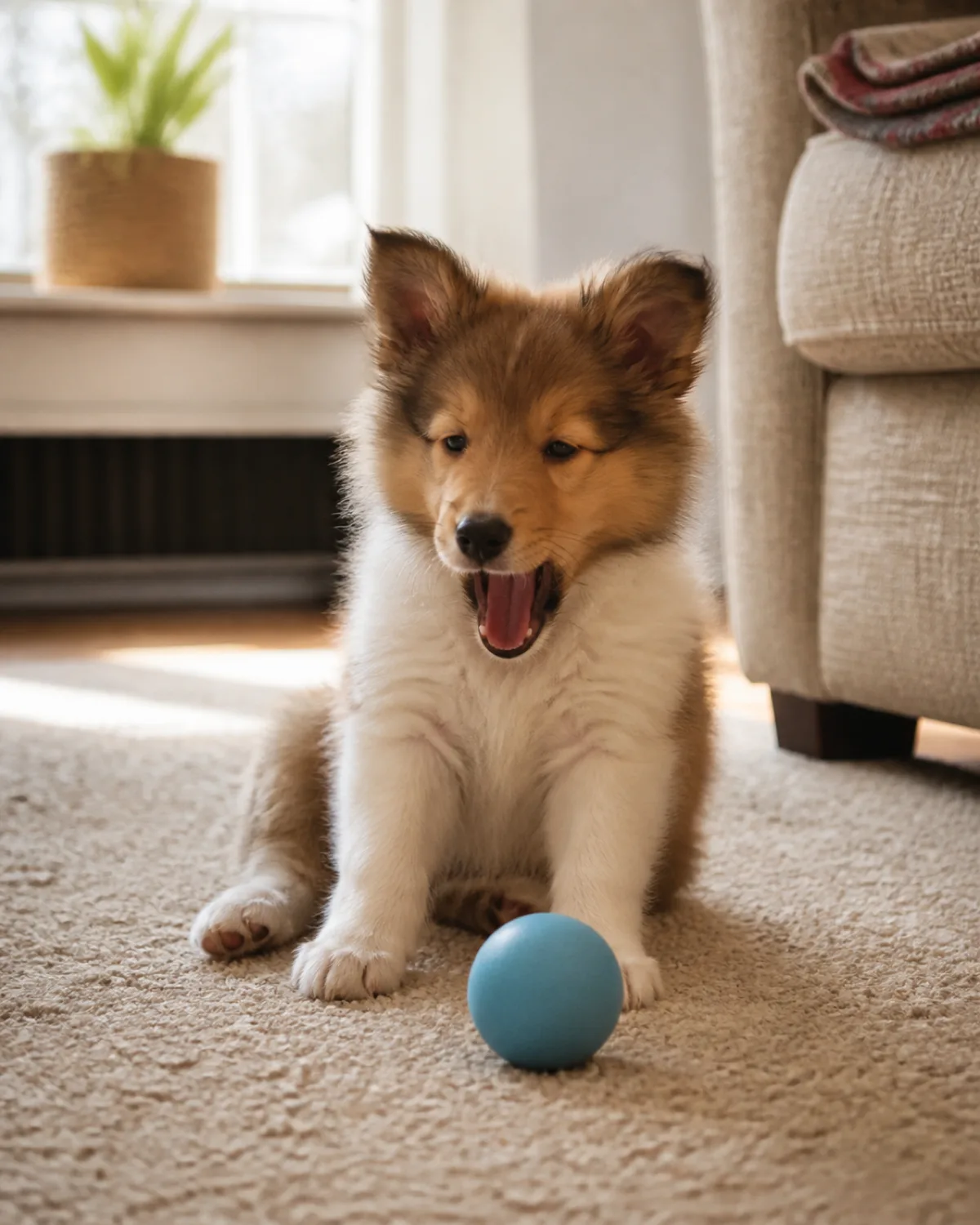 a small sable-and-white fluffy puppy with erect ears and a foxy face on a living room carpet with a rubber ball in front but showing a glazed drowsy expression mouth opening in a yawn not playful but tired sunlight from window suggesting nap time