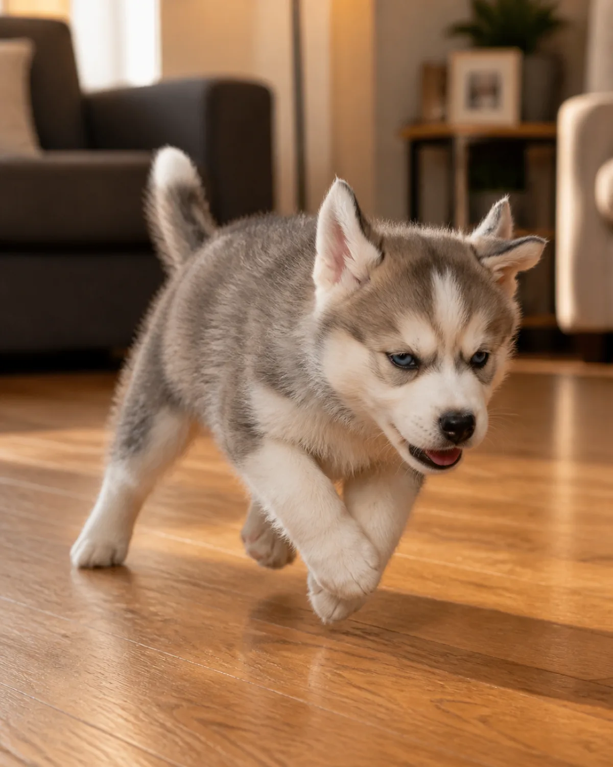 a tiny grey-and-white husky puppy with bright blue eyes thick fluffy coat and erect triangular ears mid-stride on a wood floor in overtired zoomies body leaning forward but eyes glazed and mouth open panting not joyful blurred furniture in background warm afternoon light