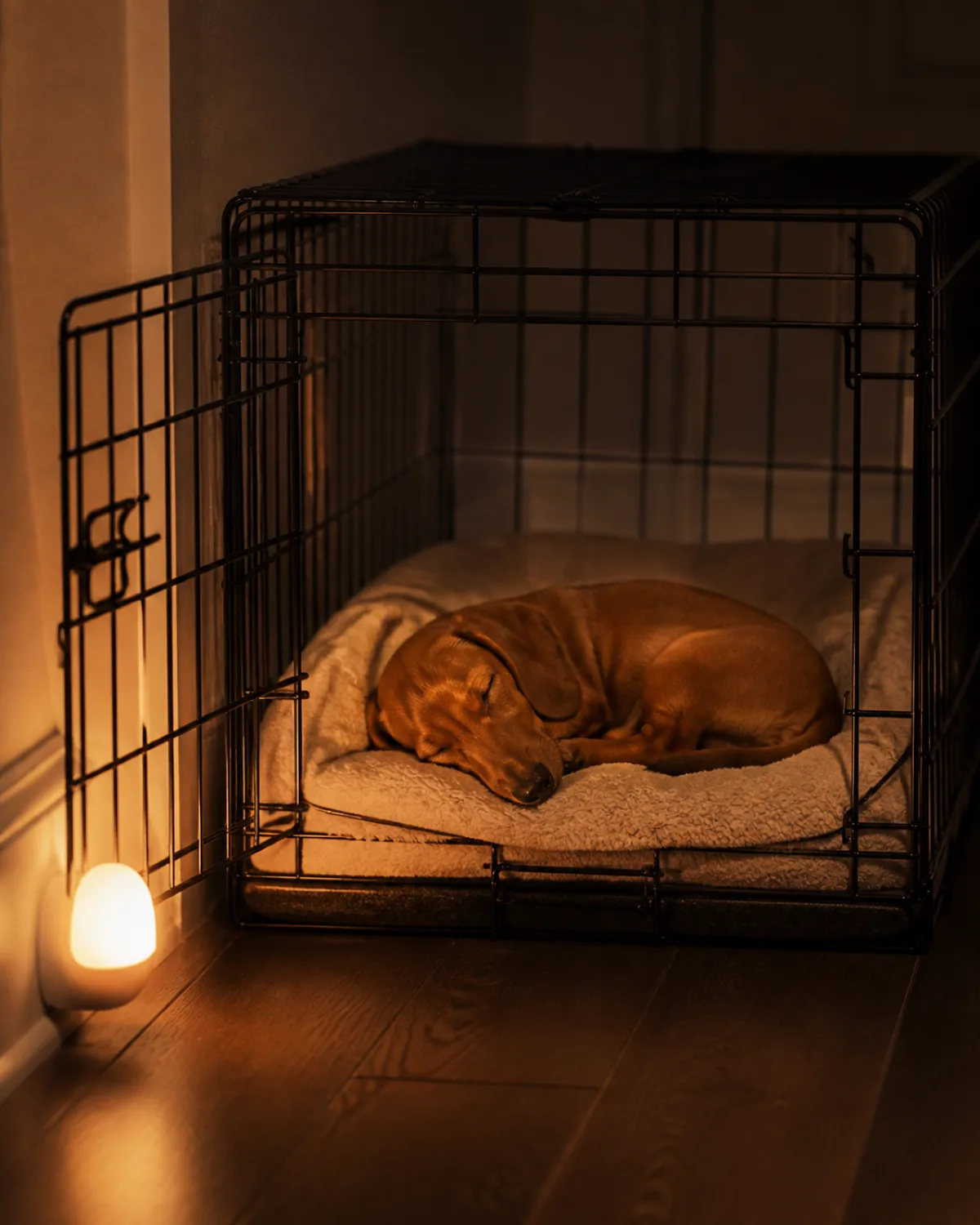 a small rusty-red smooth-coated dachshund puppy with very short legs long body and big floppy ears curled up asleep inside an open crate in a dark hallway lit only by a warm nightlight near the crate entrance puppy silhouette visible quiet and cozy very low light