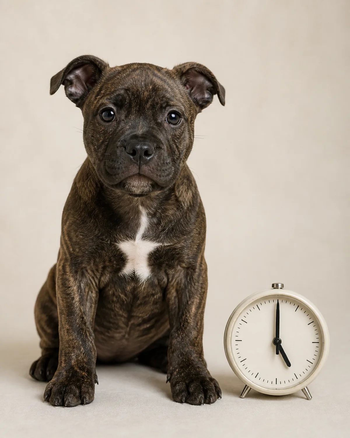 a small brindle puppy with short smooth coat rose-folded ears and broad head sitting upright with calm confident expression beside a small alarm clock prop showing five AM looking at camera as if saying I can make it to morning soft studio light clean background