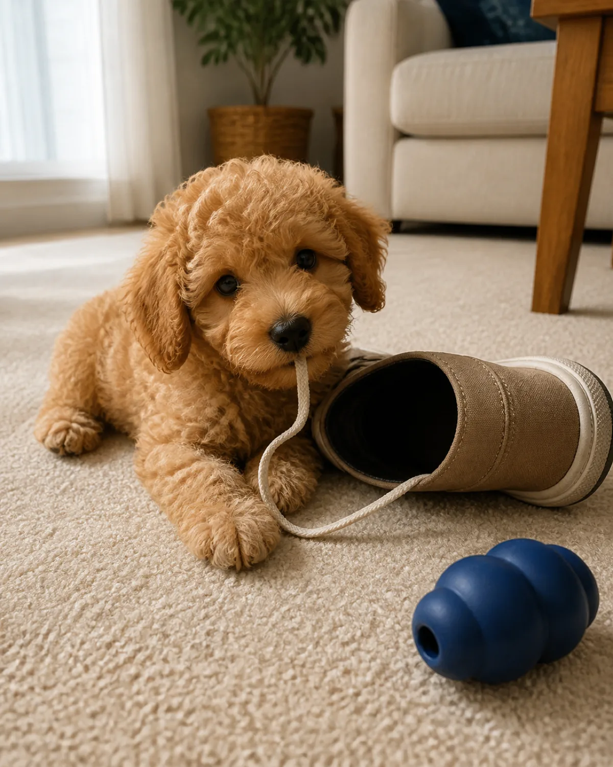 a tiny apricot curly-coated puppy with floppy ears and rounded teddy bear face lying on a carpet beside an overturned shoe chewing the shoelace with a slightly mischievous expression an ignored KONG toy nearby afternoon light suggesting sleep regression phase