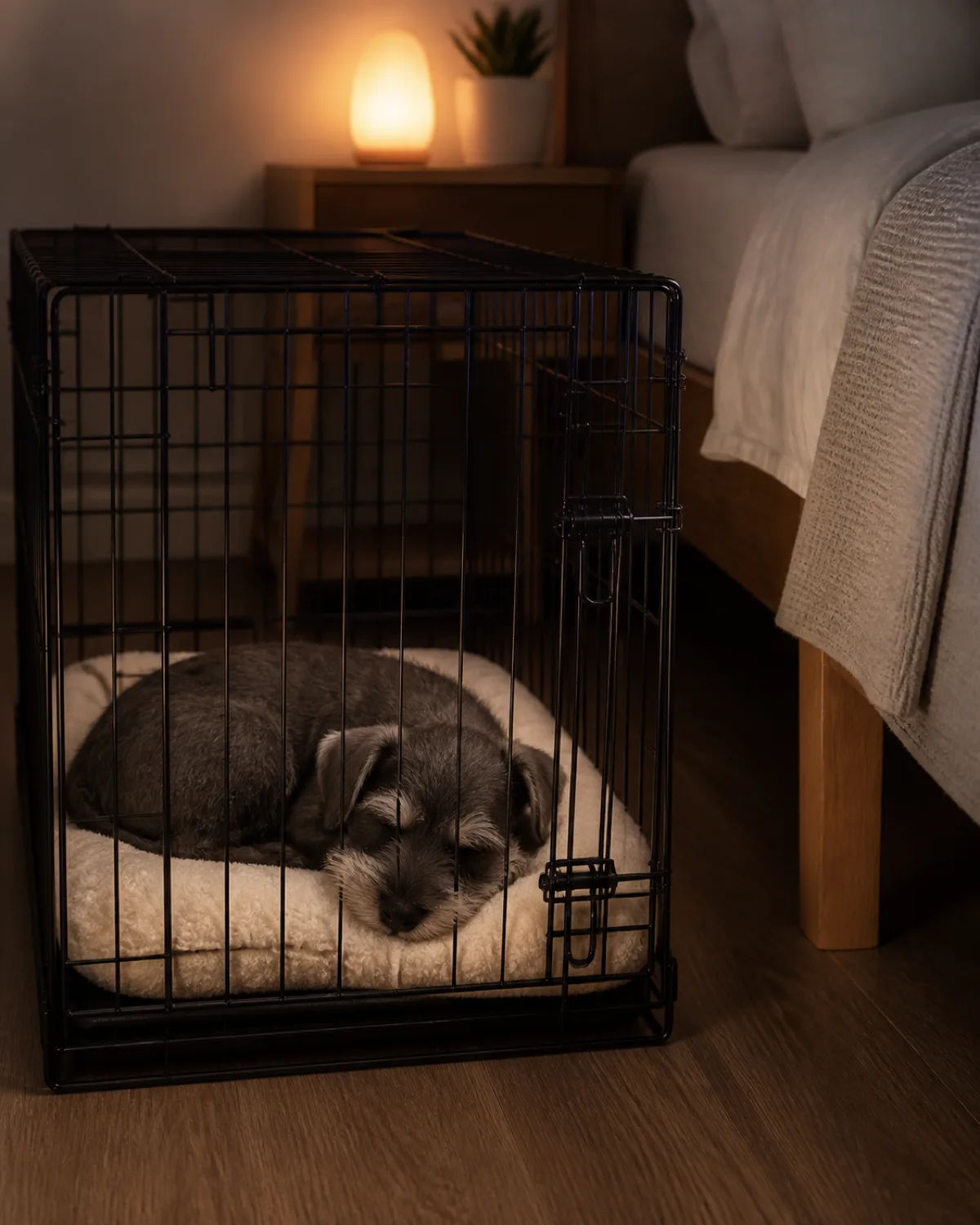 a small wiry grey schnauzer puppy with bushy eyebrows beard and semi-erect folded ears sleeping curled up inside a crate placed beside a bed on the floor bed legs and blanket edge visible crate door closed but not locked cozy cushion inside warm nightlight glow