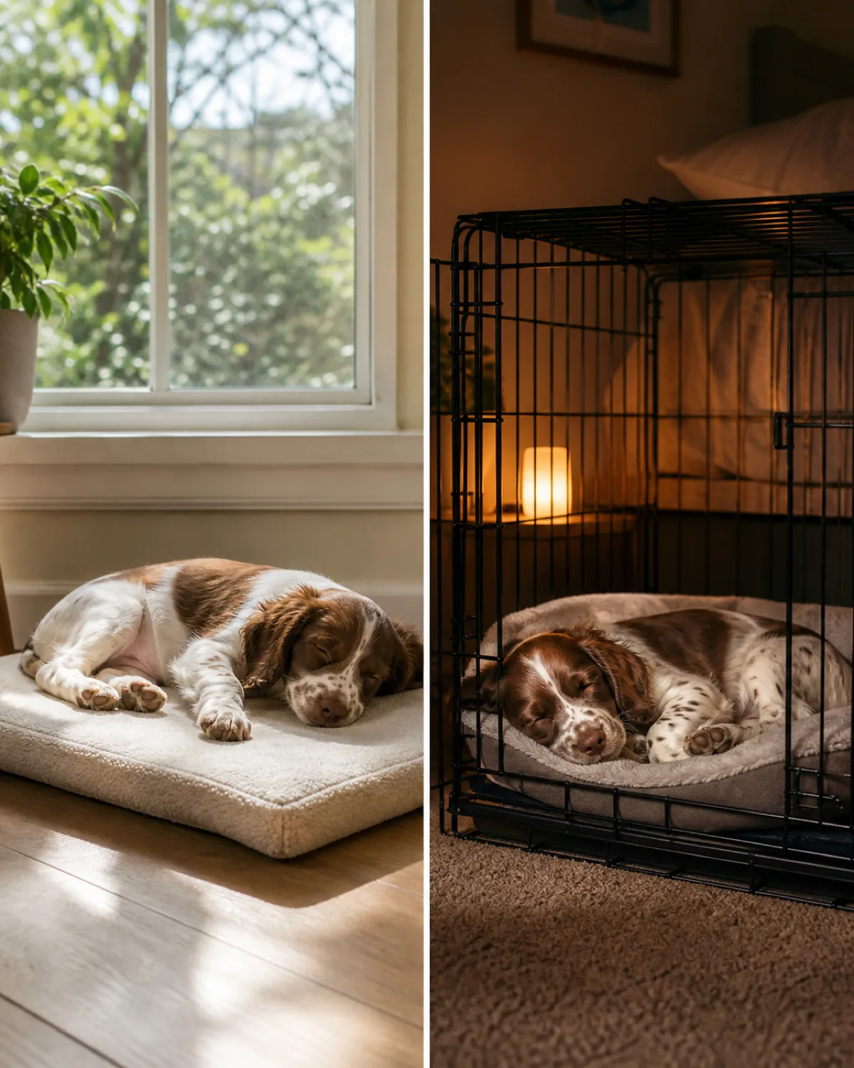 a small liver-and-white spotted springer spaniel puppy with feathered coat and long floppy ears shown in split composition left side napping on a light dog mat by a sunny window right side same puppy sleeping deeply in a dark crate at night contrasting daytime vs nighttime sleep spots