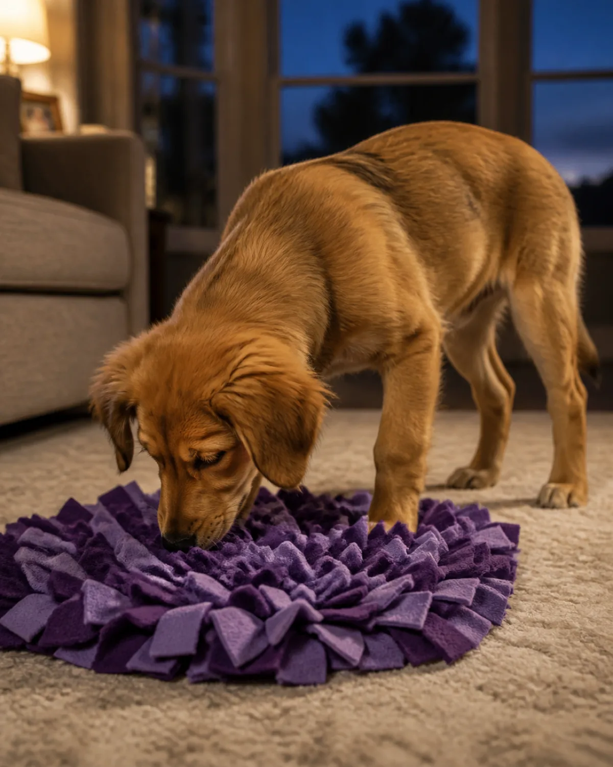 a medium-small sable-gold young retriever mix puppy about six months old lying on a living room carpet nose buried in a purple snuffle mat searching for treats in the folds dusky light through window suggesting evening wind-down before bedtime warm lamp light